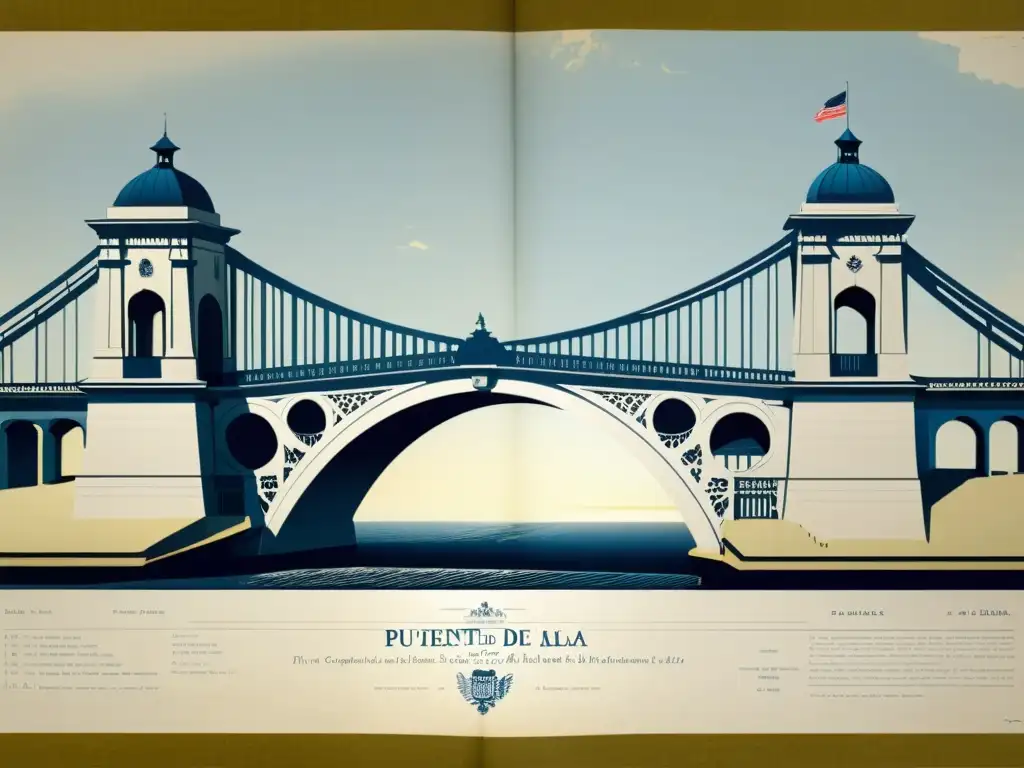 Detallado análisis diseño Puente Constitución 1812 en antiguo plano amarillento