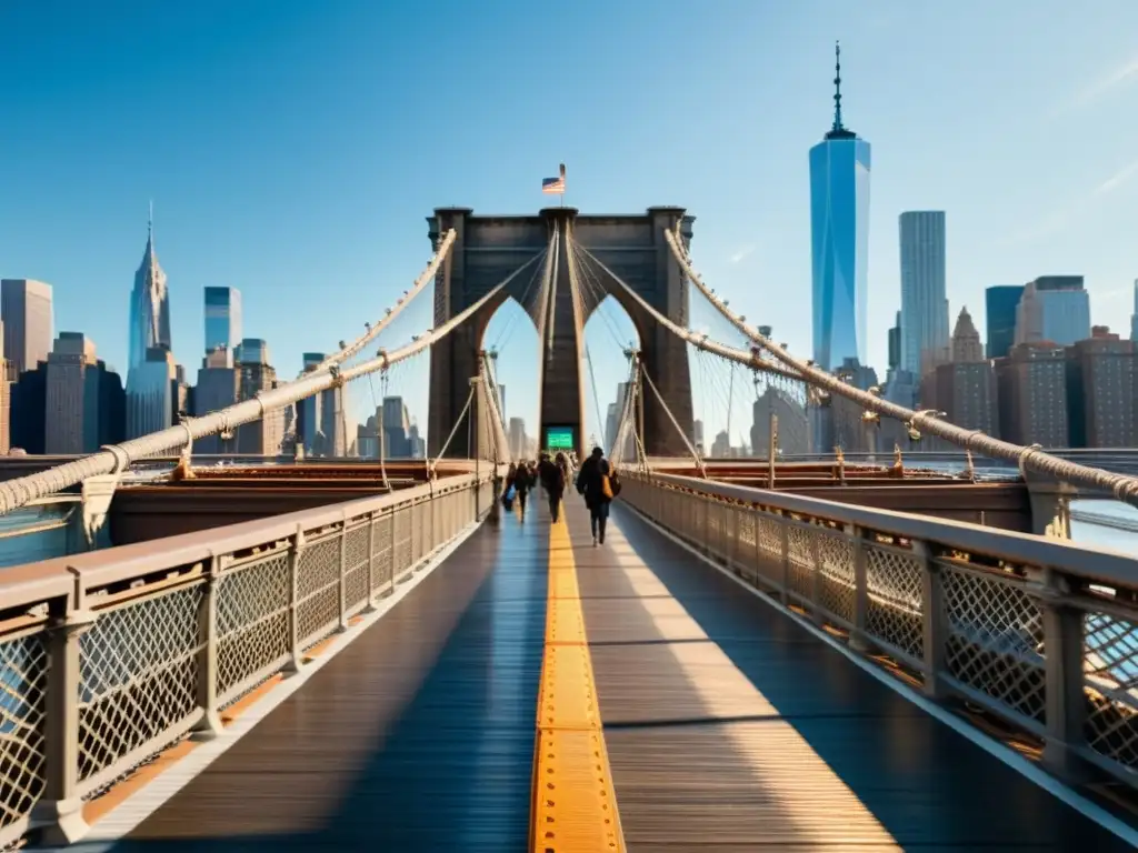 Un detallado retrato del Puente de Brooklyn sobre el East River, reflejando su majestuosidad y el bullicio de su pasarela peatonal