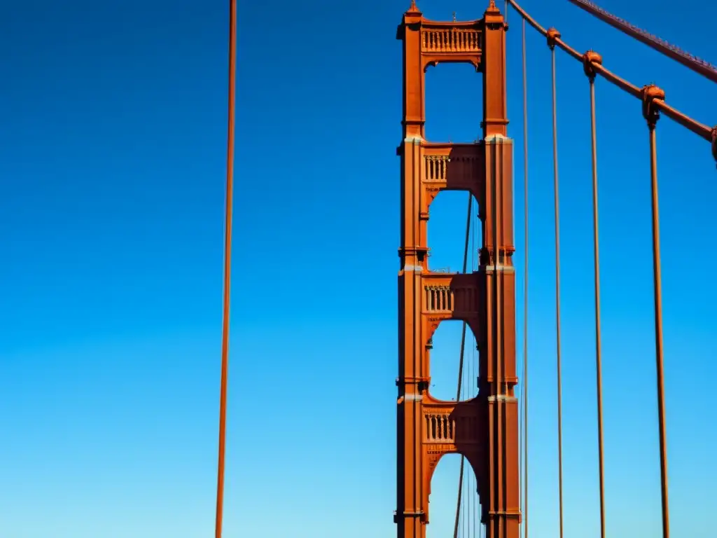 Los detallados cables de acero del Puente Golden Gate se iluminan por el sol, creando un patrón hipnótico sobre el cielo azul