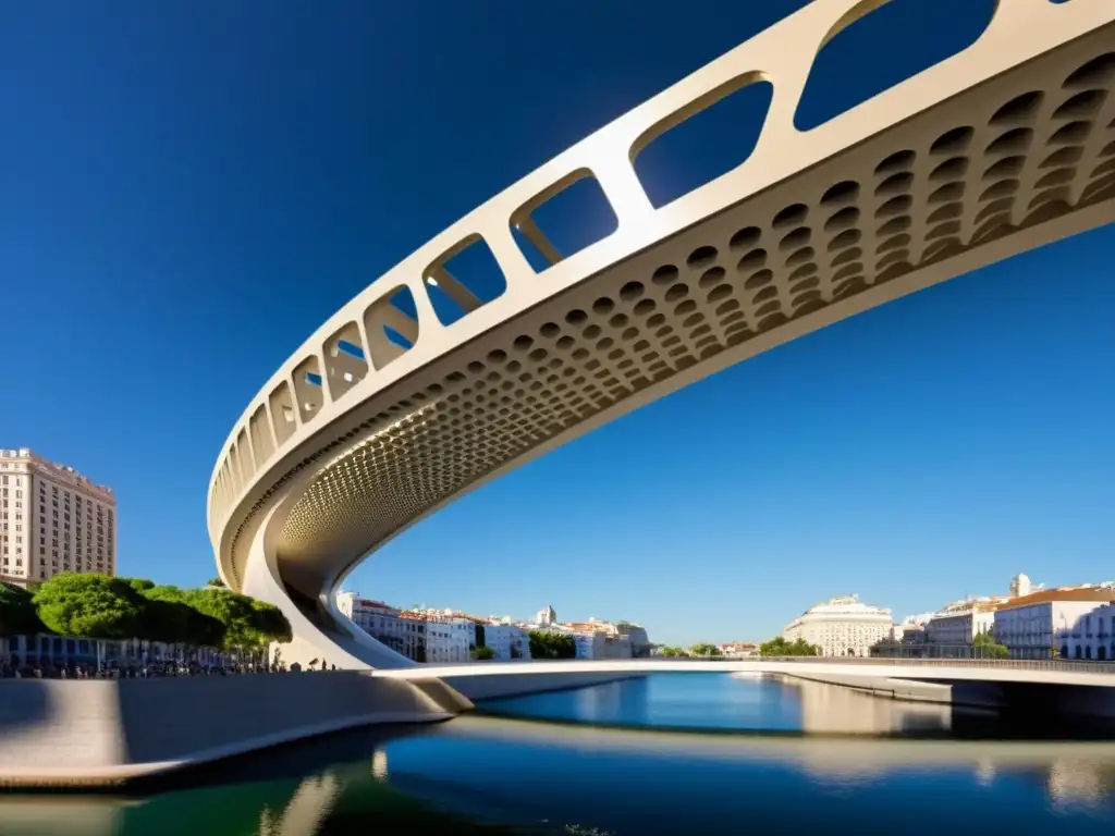 Detalle 3D del moderno Puente de la Mujer, resaltando su elegante diseño y su integración en el entorno urbano