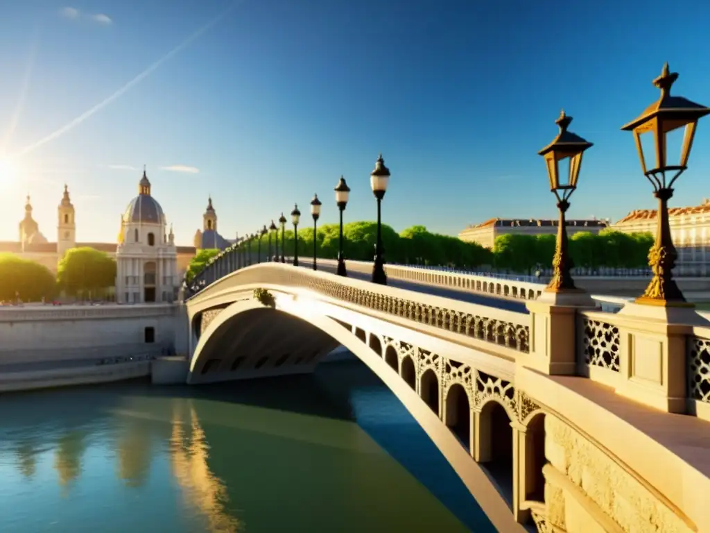 Detalle 3D del Puente de Alejandro III en París, con esculturas, farolas y la belleza arquitectónica