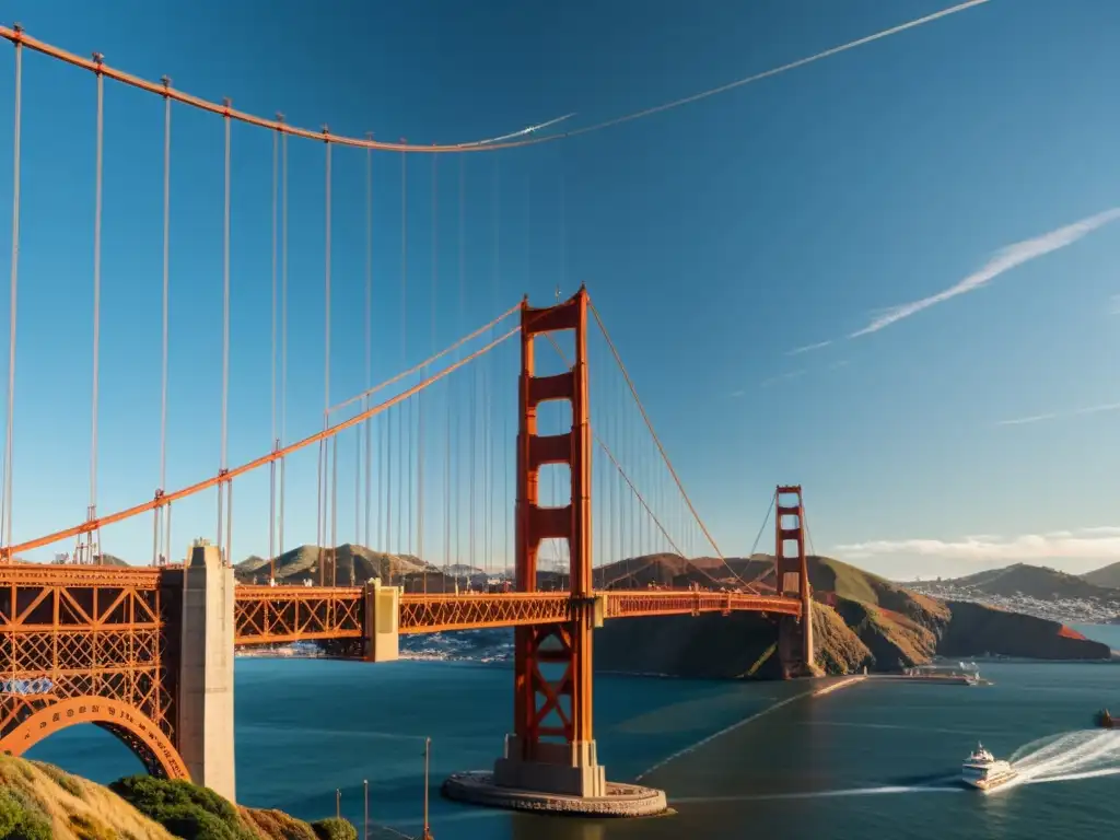 Detalle 3D del Puente de la Bahía de San Francisco con estructura de acero, cables, y color icónico