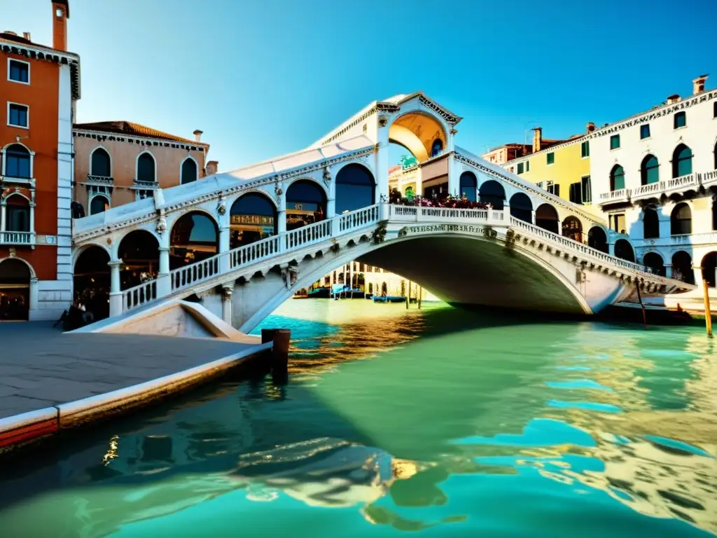 Detalle 3D del Puente de Rialto en Venecia, Italia, con góndolas y arquitectura histórica