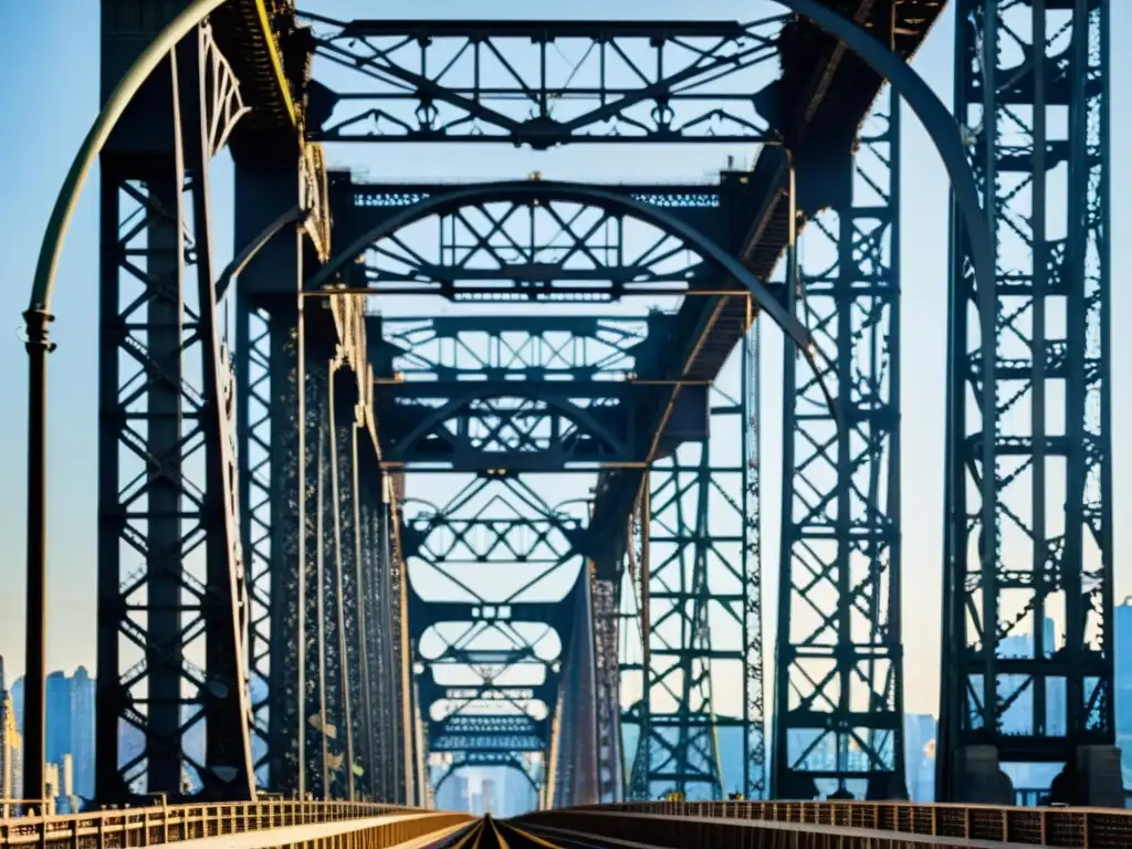 Detalle en alta resolución del enrejado de acero del Puente de Queensboro, destacando su artesanía e ingeniería icónica