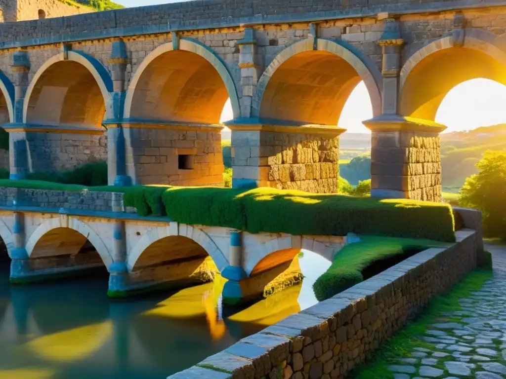 Detalle de las antiguas y detalladas arcadas del Puente de Alcántara, bañadas por la cálida luz dorada del atardecer