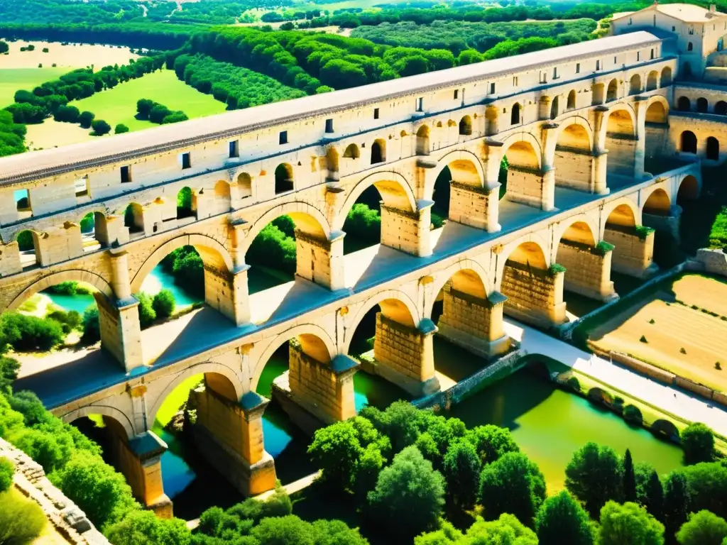 Detalle del antiguo acueducto Pont du Gard en Francia, con su intrincada arquitectura de piedra destacándose contra el paisaje verde