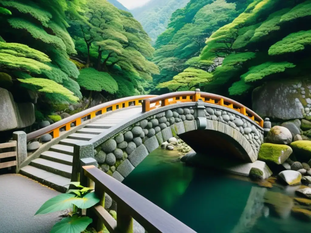 Detalle del antiguo Puente de Piedra Shinkyo en Japón, bañado por la cálida luz del amanecer, resaltando su belleza atemporal y misteriosa