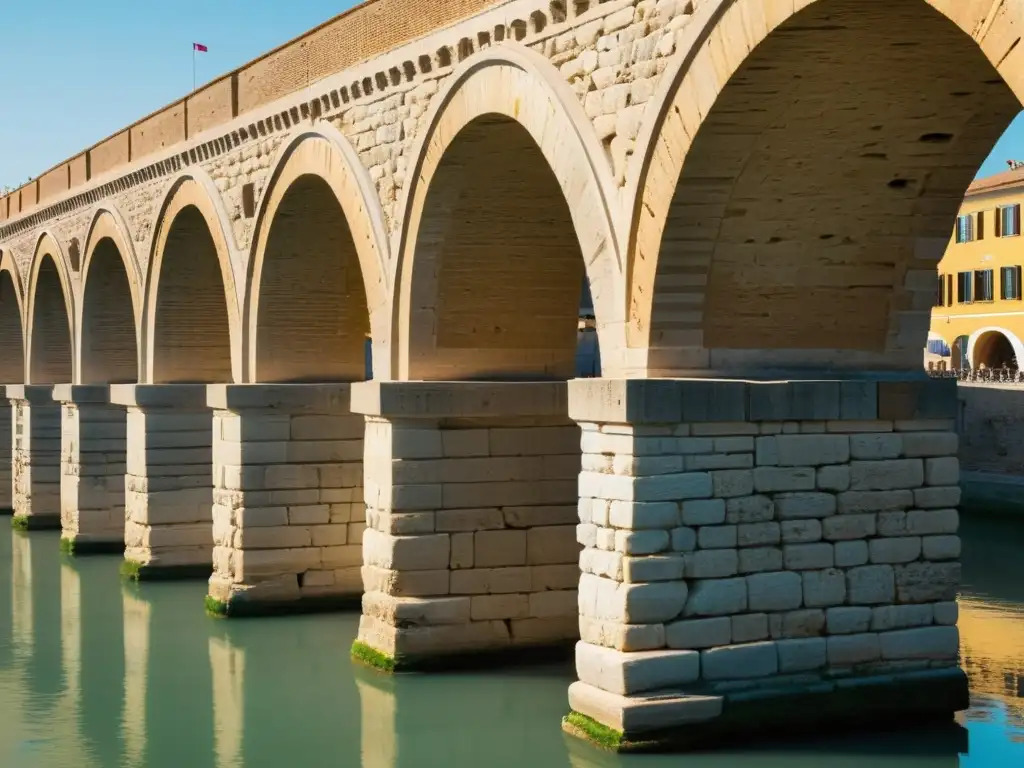 Detalle de los arcos y columnas del Puente de Tiberio en Rimini, Italia