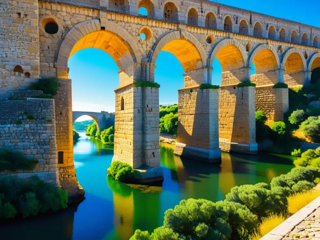 Detalle de los arcos bien conservados del Puente de Alcántara, destacando la ingeniería romana y la belleza natural del entorno