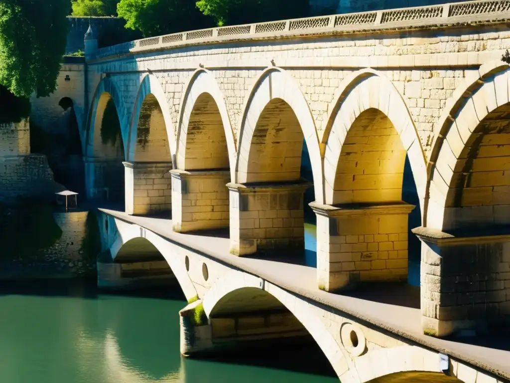 Detalle de los arcos de piedra del Puente de Avignon, con sombras y textura, evocando su historia y arquitectura atemporal