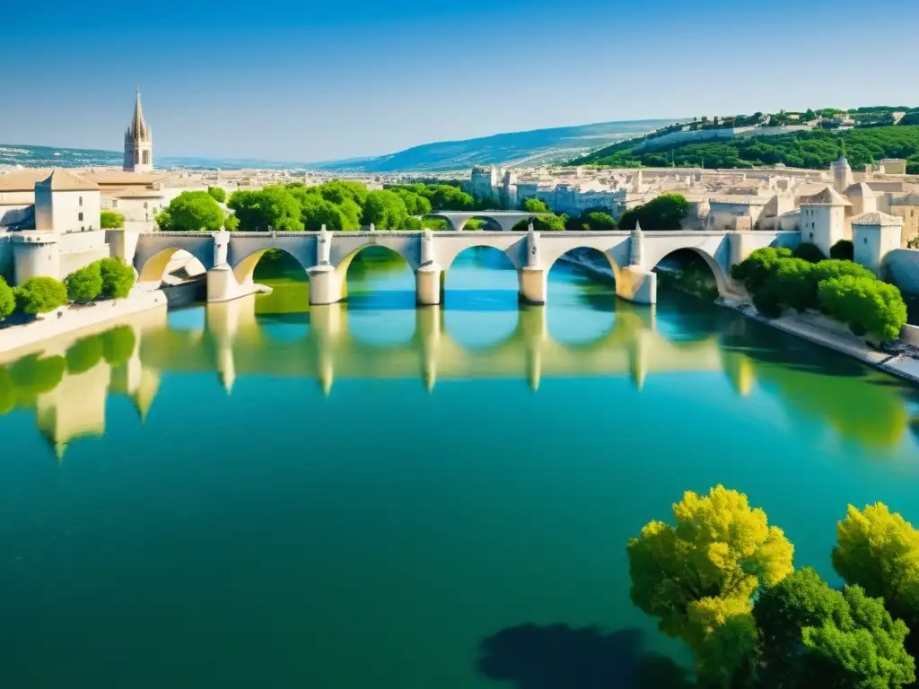 Detalle de los arcos de piedra del Puente de Avignon sobre el río Ródano, evocando su historia y arquitectura atemporal