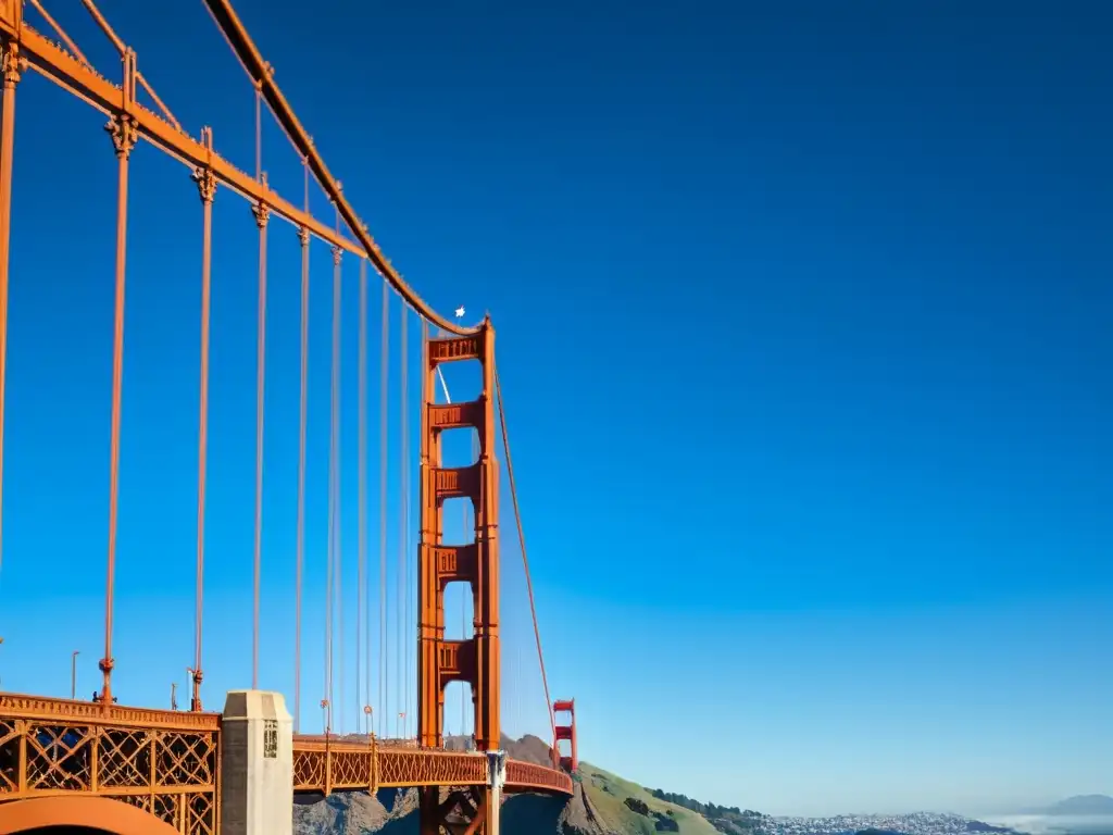 Detalle arquitectónico del icónico Puente Golden Gate en San Francisco, destacando sus cables rojo-naranja contra el cielo azul