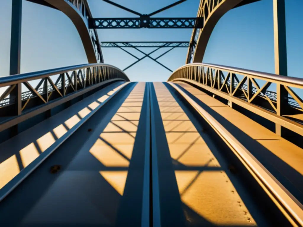 Detalle arquitectónico impresionante: Intrincadas tramas de acero y juego de luces en el puente icónico