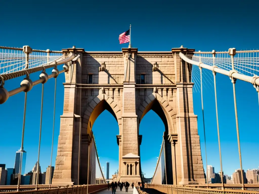 Detalle arquitectónico del Puente de Brooklyn: arcos góticos, patrones de cables e interplay luz-sombra