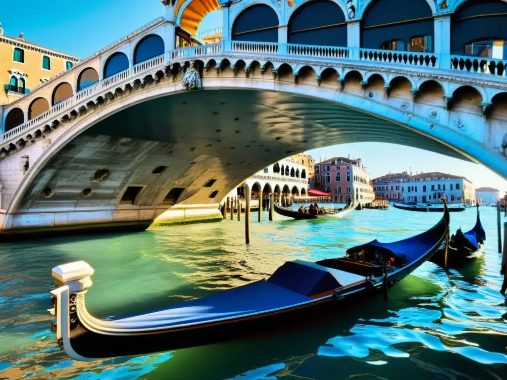 Detalle arquitectónico del Puente de Rialto en Venecia, con ornamentadas columnas de piedra y dramáticas sombras bajo la cálida luz del sol