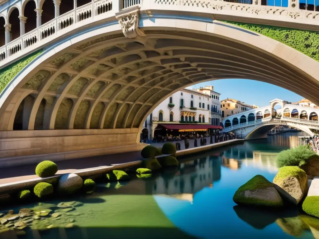 Detalle arquitectónico del Puente de Rialto, resaltando su historia y belleza atemporal con juego de luces y sombras