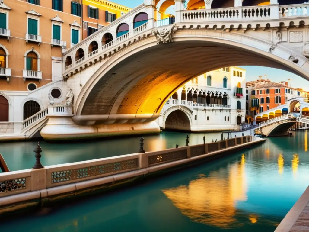 Detalle arquitectónico del Puente de Rialto: elegantes arcos, relieves ornamentados y cálidos tonos de piedra antigua