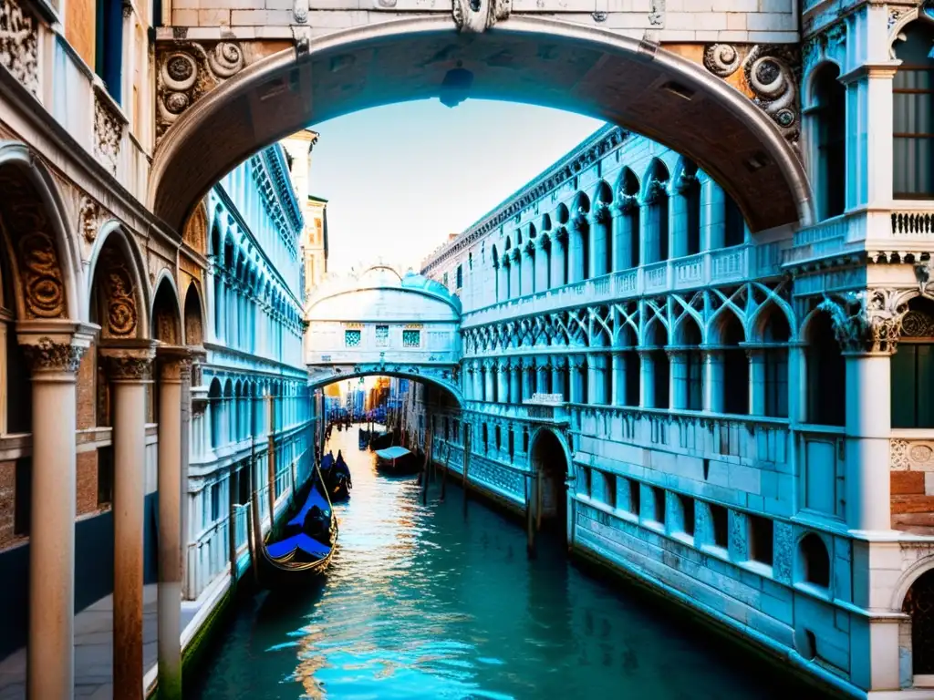 Detalle arquitectónico del Puente de los Suspiros en Venecia, con trazados delicados, piedra envejecida y simbólicas rejas en las ventanas