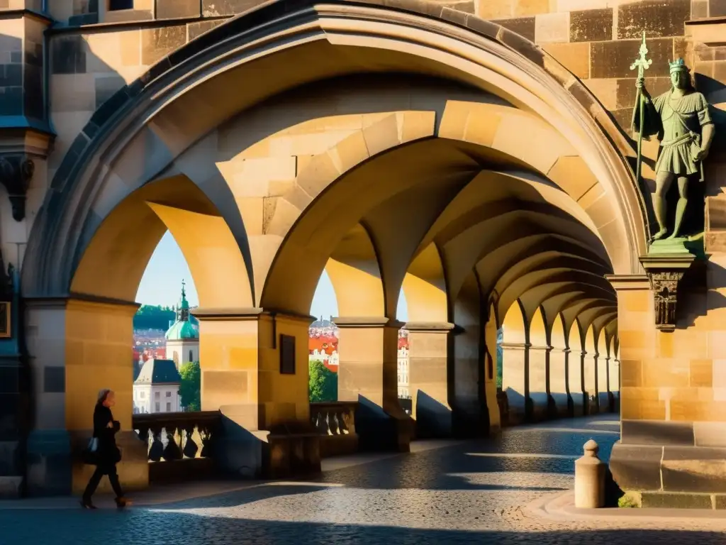 Detalle arquitectónico del Puente de Carlos en Praga, con texturas de piedra y juego de luz, mostrando su historia y elegancia atemporal