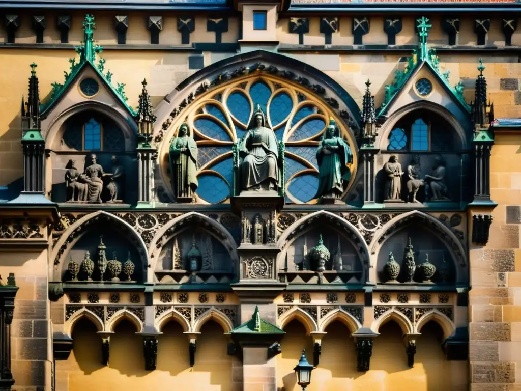 Detalle de la arquitectura gótica del Puente Carlos en Praga, con intrincadas esculturas y piedra centenaria