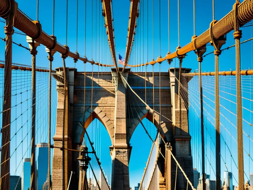 Detalle de la arquitectura única del Puente Brooklyn, destacando la imponente estructura de acero y su historia