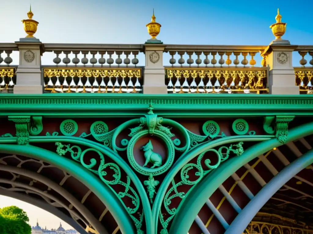 Detalle artístico de los adornos del Puente de Alejandro III en París, con la belleza arquitectónica de la ciudad de fondo