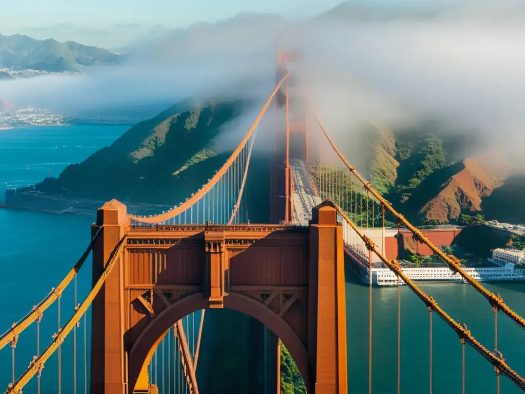 Detalle de los cables de acero del icónico Puente Golden Gate en San Francisco, envuelto en niebla con la ciudad de fondo