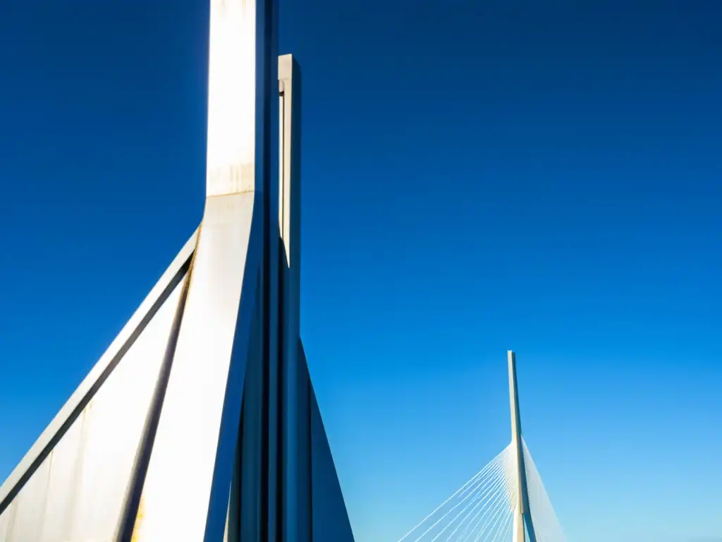 Detalle de los cables de acero del puente Sunshine Skyway que destacan contra el cielo azul, mostrando la historia y arquitectura del puente