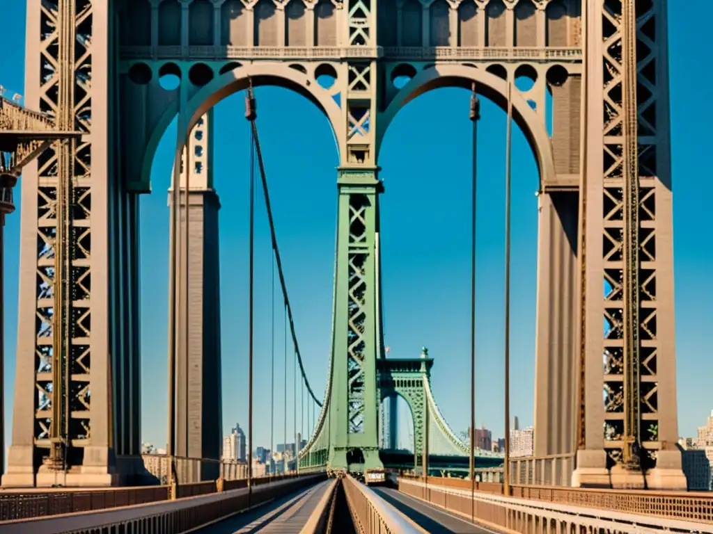 Detalle de los cables de acero del Puente de Manhattan, mostrando la ingeniería y arquitectura del icónico puente en contraste con la ciudad