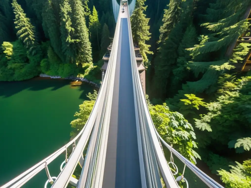 Detalle de los cables de suspensión del Puente Colgante Capilano, bañados por la cálida luz del sol, resaltando su atractivo natural