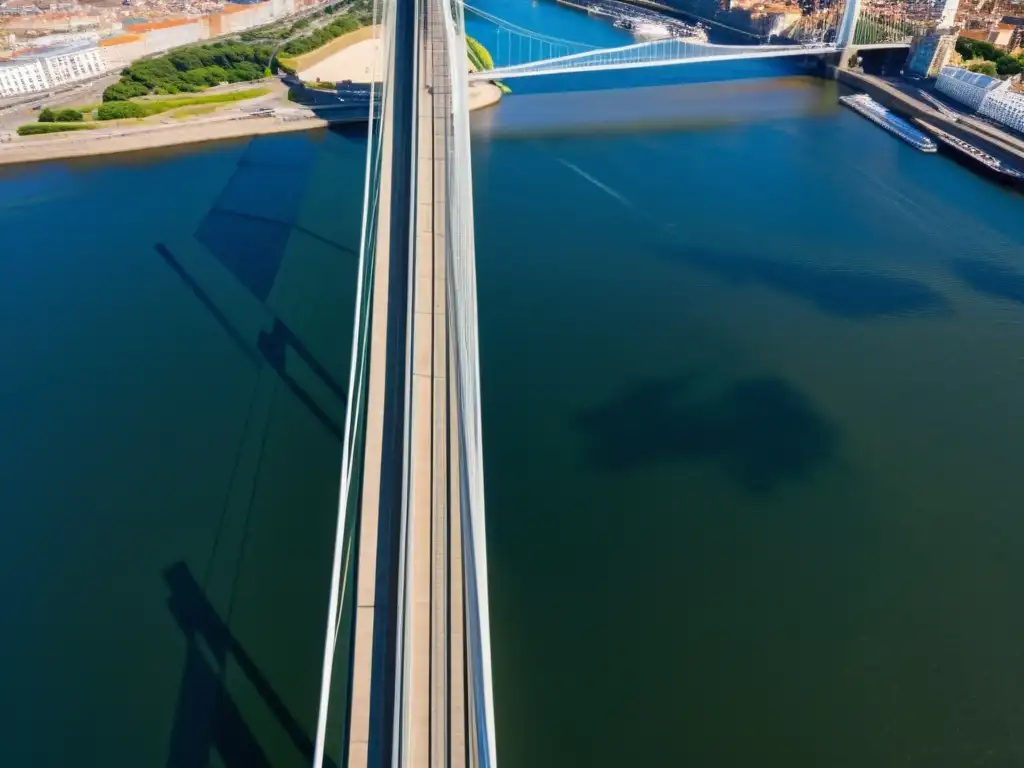 Detalle de los cables de suspensión del Puente Gateshead Millennium, exaltando su innovador diseño y su integración perfecta en el paisaje urbano