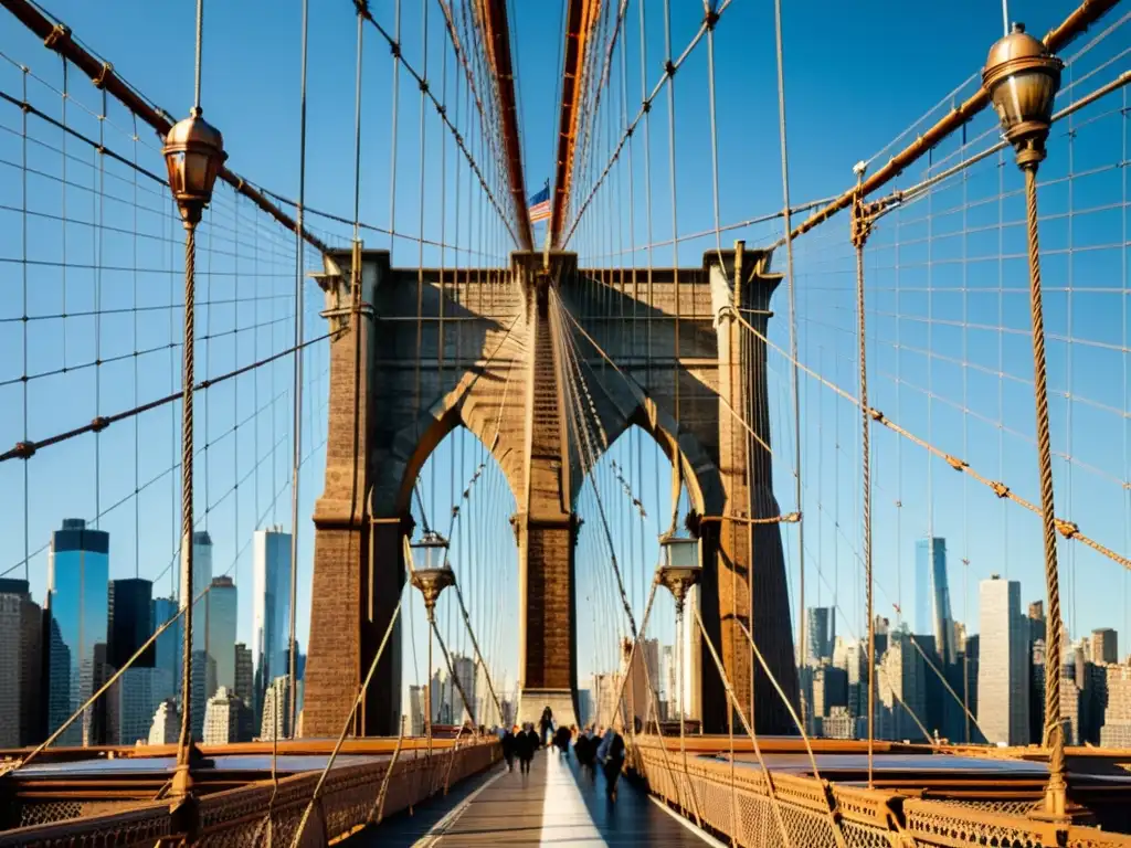 Detalle de los cables de suspensión del Puente de Brooklyn, bañados por la luz solar, mostrando su impresionante historia y legado como uno de los puentes emblemáticos más impresionantes