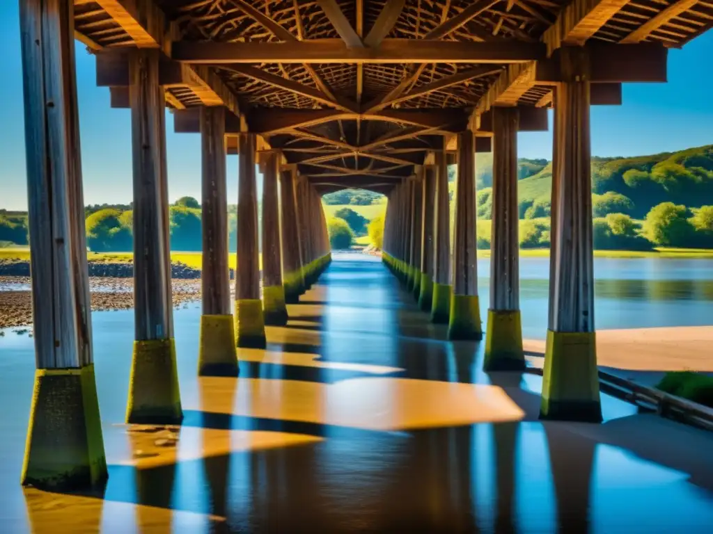 Detalle centenario del puente de Hartland, con su intrincada estructura de madera y hierro, bañada por la luz del sol y la gracia del río