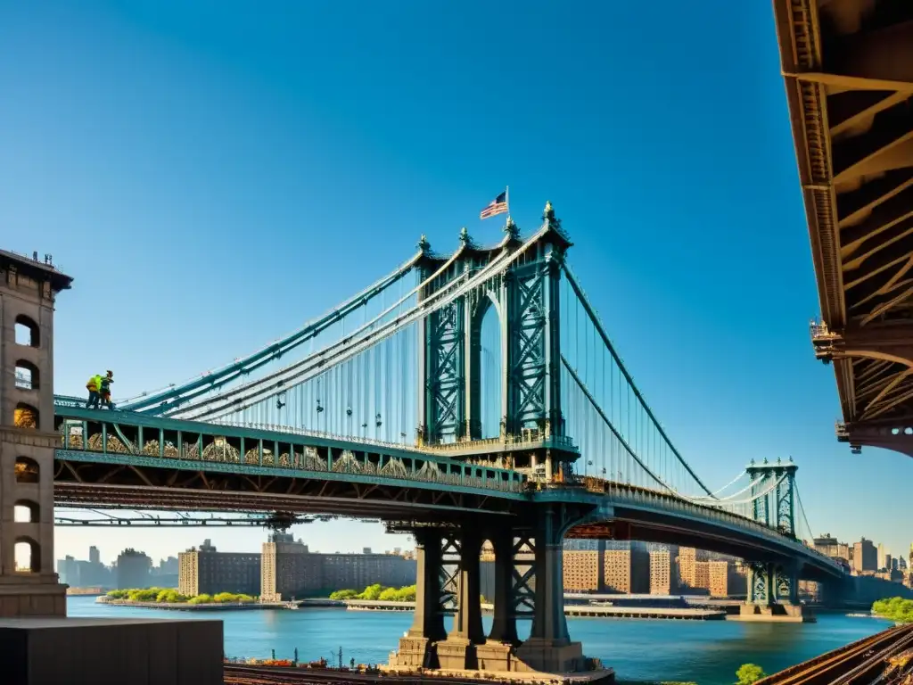 Detalle de la construcción del icónico Puente de Manhattan, mostrando su historia, arquitectura y grandiosidad ingenieril