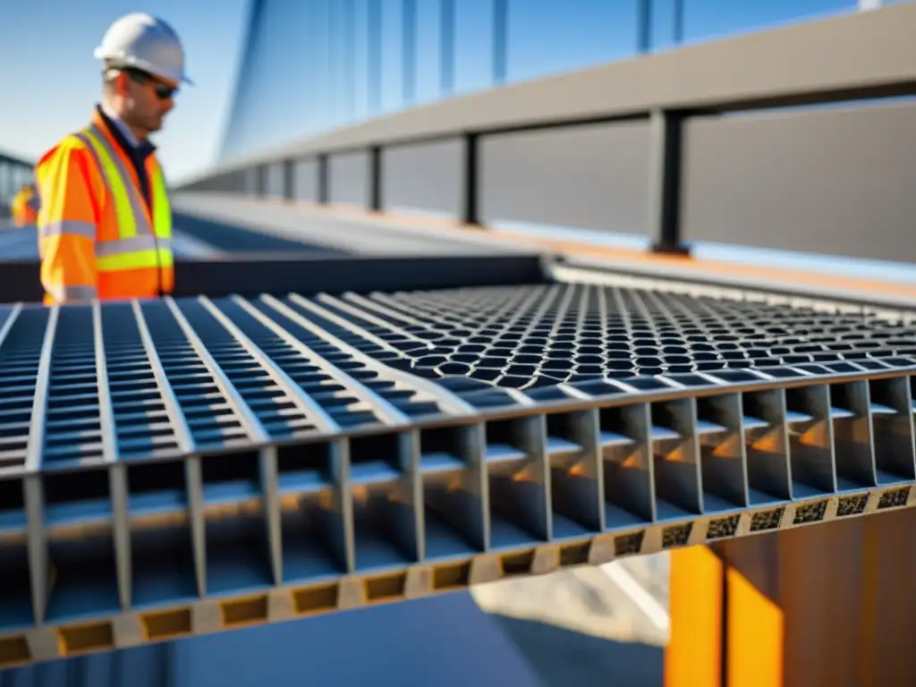 Detalle de construcción de puente con nanotecnología, integrando materiales avanzados