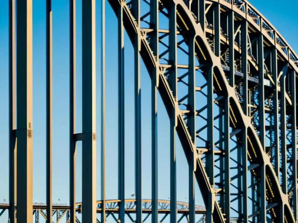 Detalle del elegante diseño único del Puente de la Bahía de Sídney, con reflejos de luz que resaltan su estructura de acero y patrones geométricos, enmarcado por el impresionante paisaje de la ciudad y el puerto