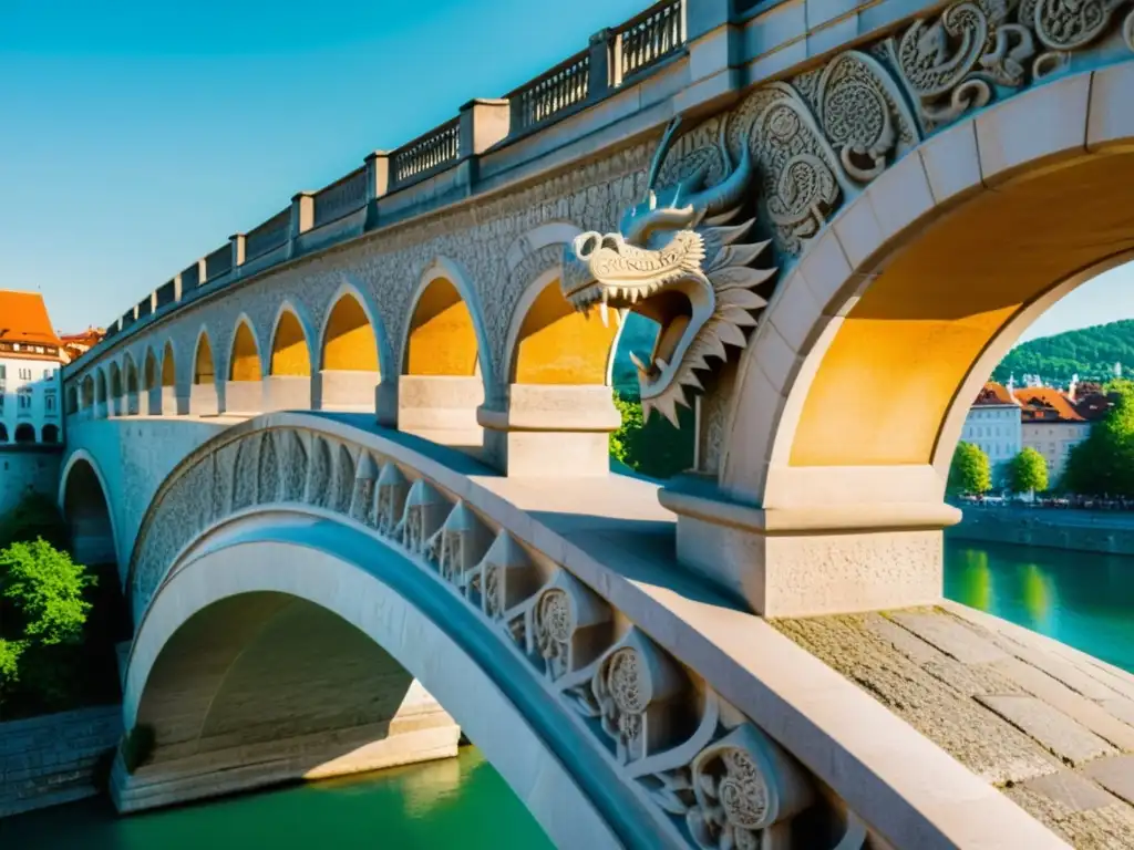 Detalle de las esculturas de dragones en el Puente del Dragón, Eslovenia, evocando la historia y la modernidad en Ljubljana