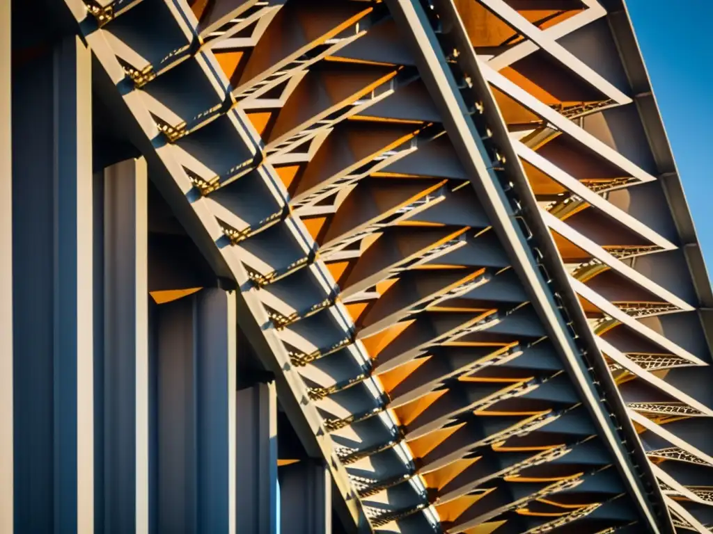 Detalle de la estructura de acero del Puente de Auckland, muestra la historia y arquitectura con luz solar y personas caminando