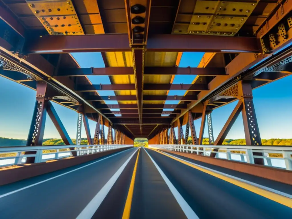 Detalle de la estructura centenaria del Puente Hartland, mostrando la intrincada y resistente ingeniería en tonos oxidados y texturas envejecidas