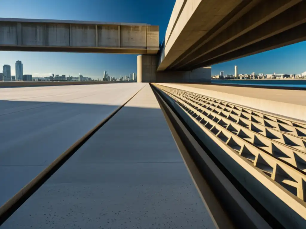 Detalle de estructura de puente de concreto con texturas y sombras dramáticas