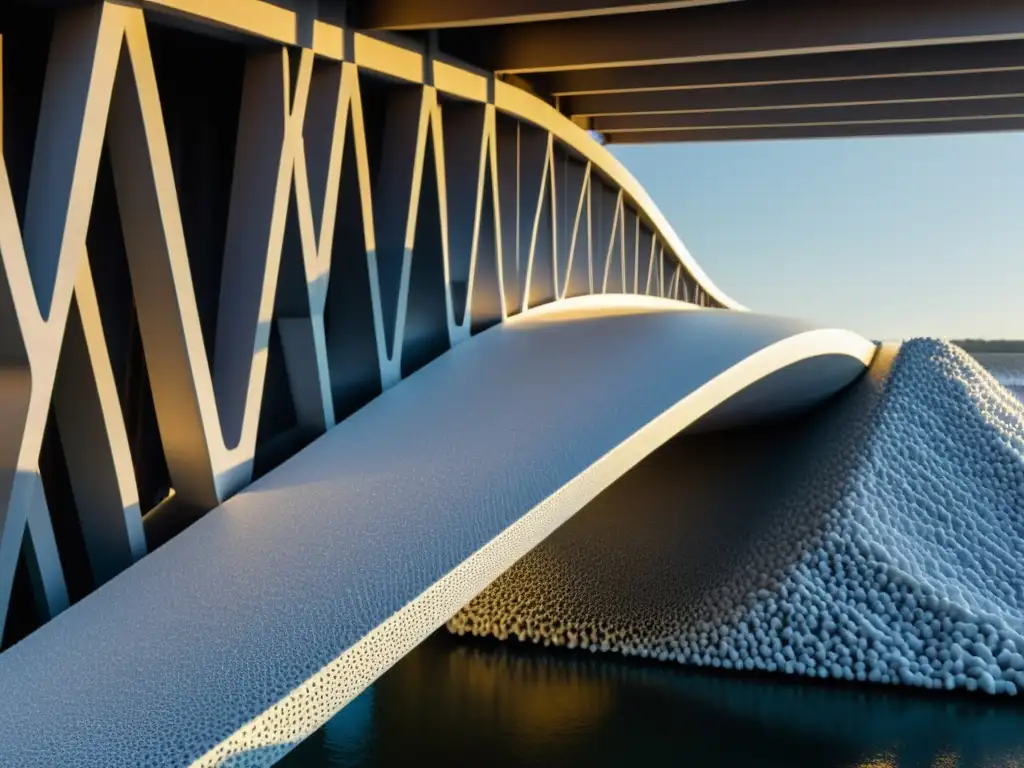 Detalle de una estructura de puente con espumas metálicas, resaltando su innovadora integración en la arquitectura de puentes modernos