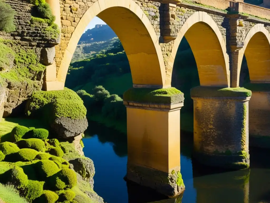 Detalle de la estructura del Puente Nuevo de Ronda, bañada por la cálida luz del sol, mostrando su belleza atemporal y artesanía milenaria