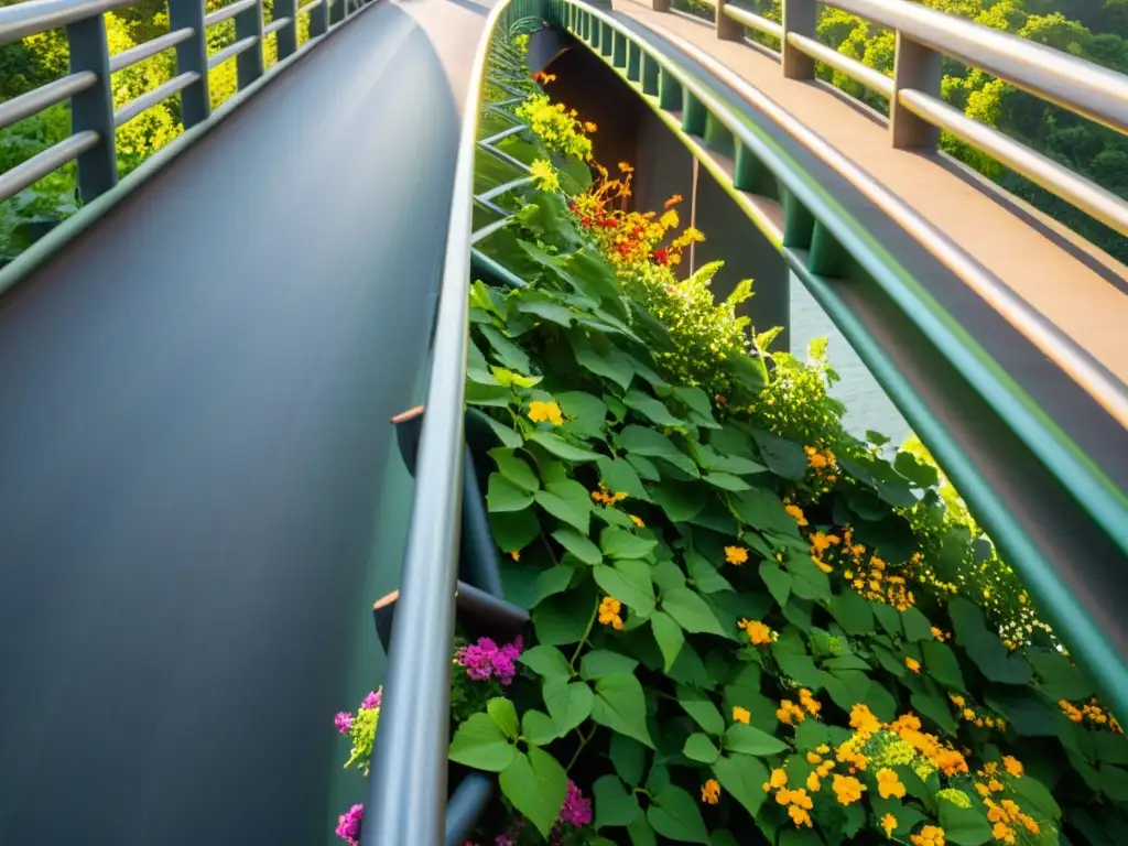 Detalle de flora y fauna en puente de Oceanía, con vibrantes flores y vida silvestre entre la exuberante vegetación