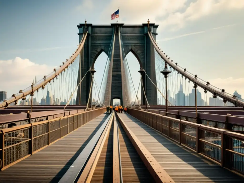 Detalle histórico de la construcción del Puente de Brooklyn, mostrando desafíos de ingeniería y la labor de los trabajadores