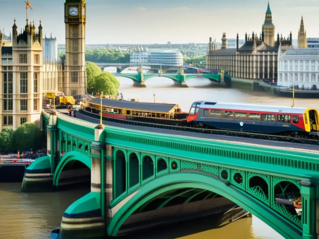 Detalle histórico de la construcción del Puente de Westminster, mostrando la artesanía y la ingeniería involucradas