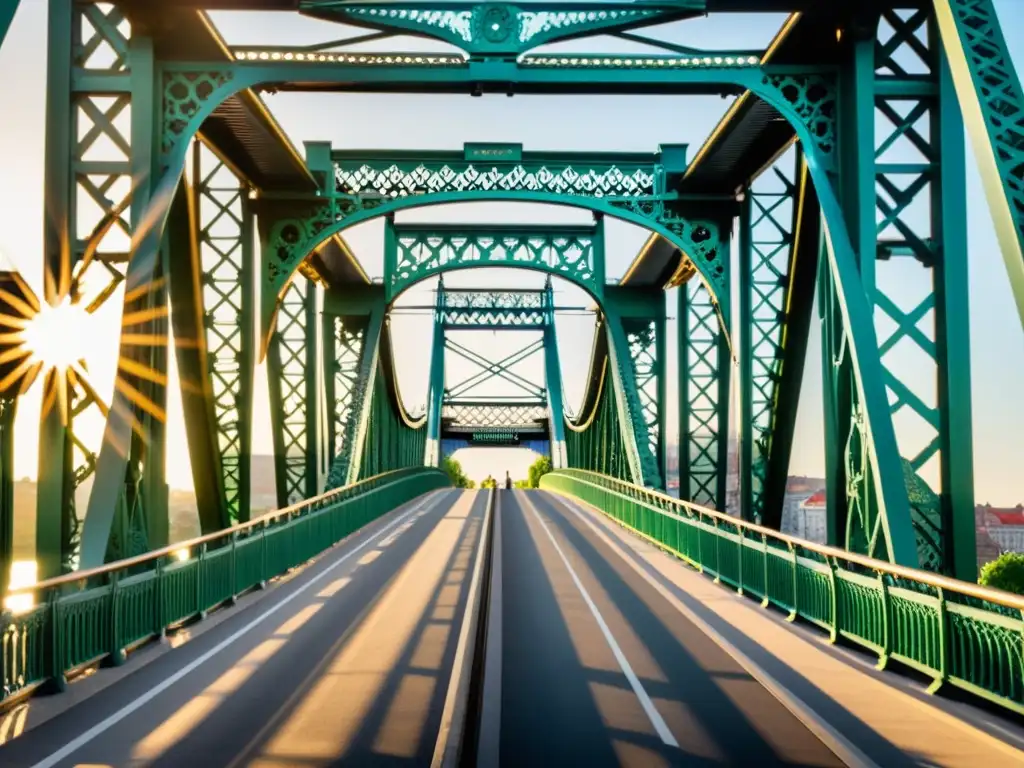 Detalle histórico del Puente de la Libertad de Budapest: intrincado diseño de hierro y patrones de celosía, resaltando la grandeza y la luz del sol