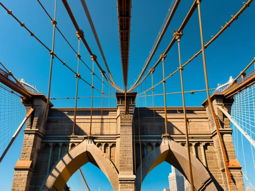 Detalle del icónico puente de Brooklyn, mostrando la evolución de los puentes a través del tiempo en su estructura de hierro