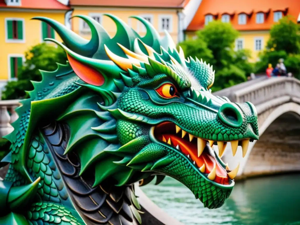 Detalle impactante del Puente de los Dragones en Ljubljana, destacando las esculturas de dragones y su atmósfera histórica y mítica