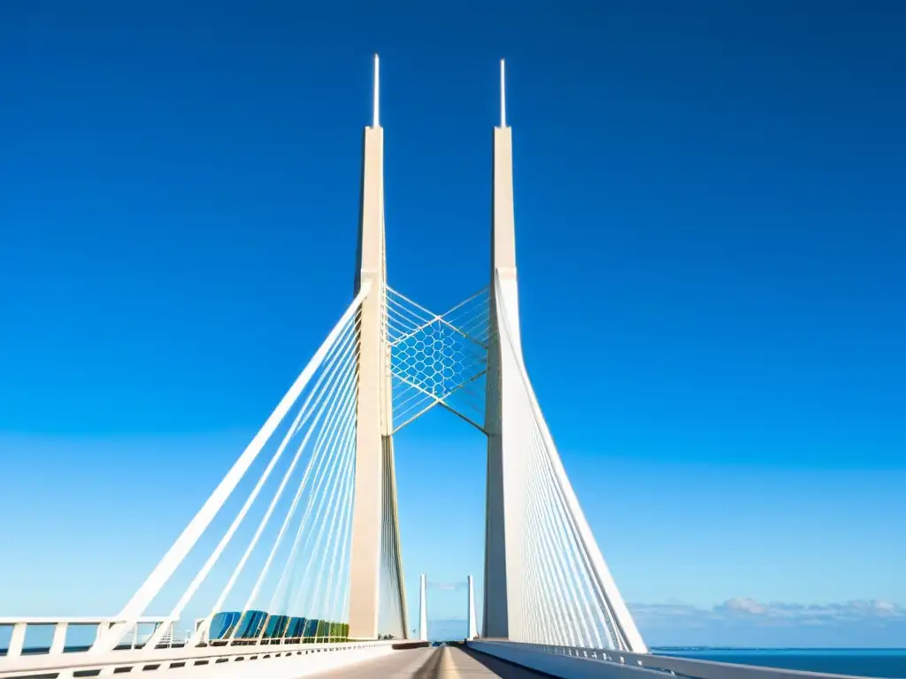 Detalle de la impresionante arquitectura y la historia del puente Sunshine Skyway, con cables entrelazados y cielo azul claro