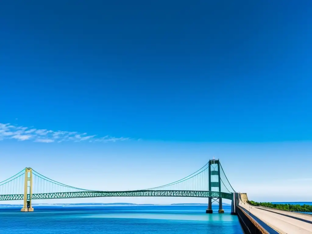 Detalle impresionante de los cables de acero del Puente Mackinac, con su historia arquitectónica y majestuosa presencia sobre los Grandes Lagos